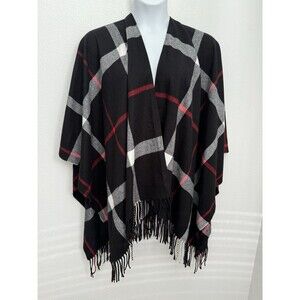 Jessica McClintock  Kimono Duster Womens OS Black Red Plaid Fringe Boho Holiday